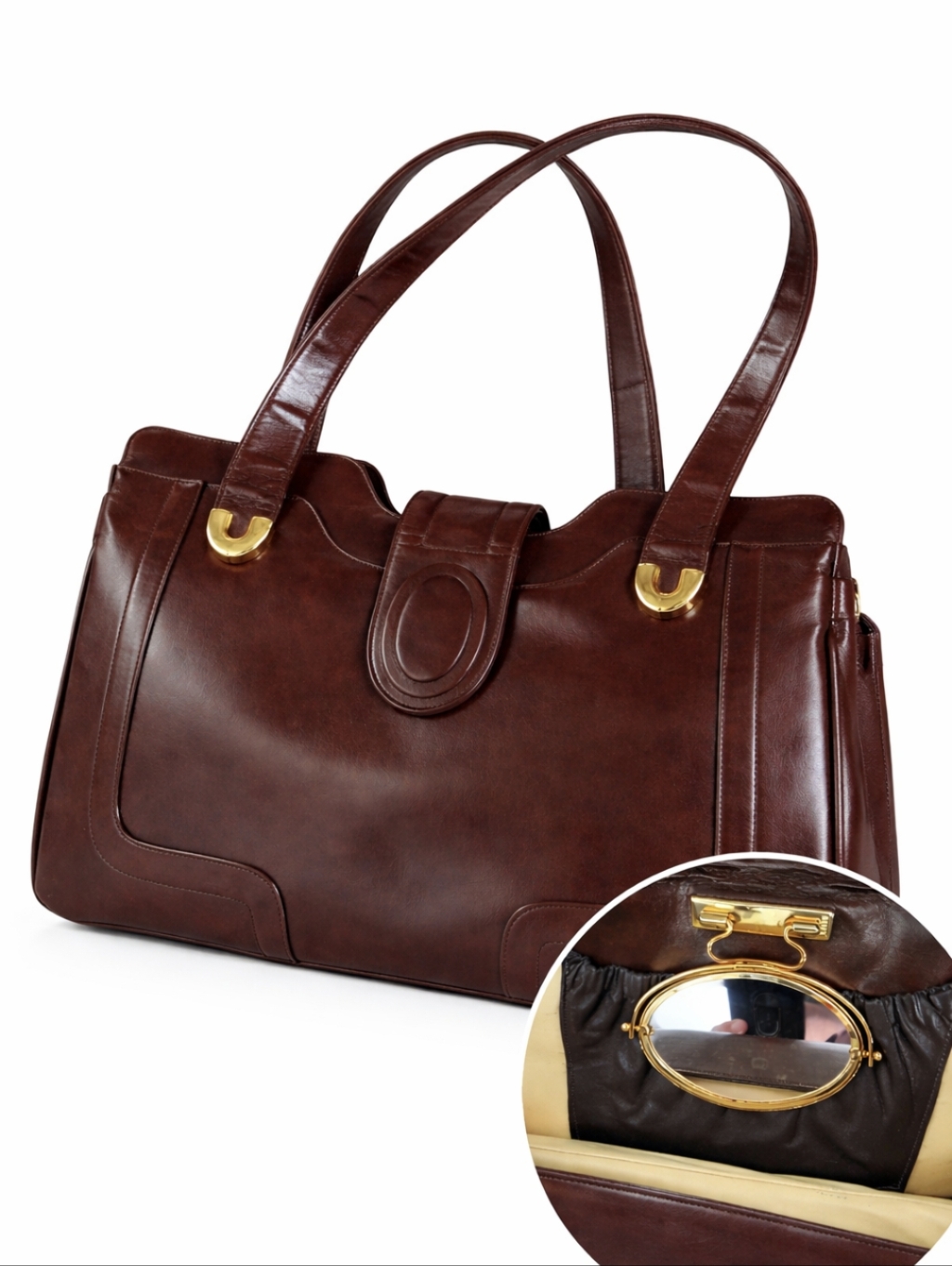 Vintage Lou Taylor Brown Leather Shoulder Bag Rare Swivel Mirror 70s Collectible